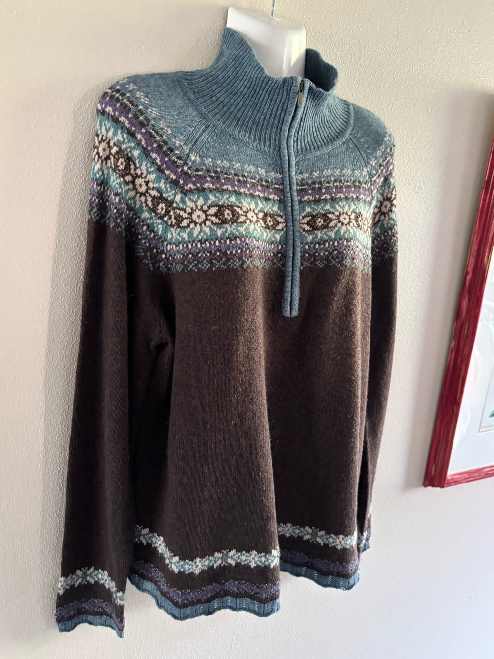 Vtg Eddie Bauer Wool Cashmere Blend Nordic Fair Isle Quarter Zip Sweater Size XL